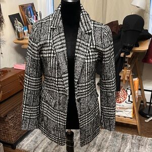 Black & White Plaid Women's Blazer Jacket with Pink Stitch